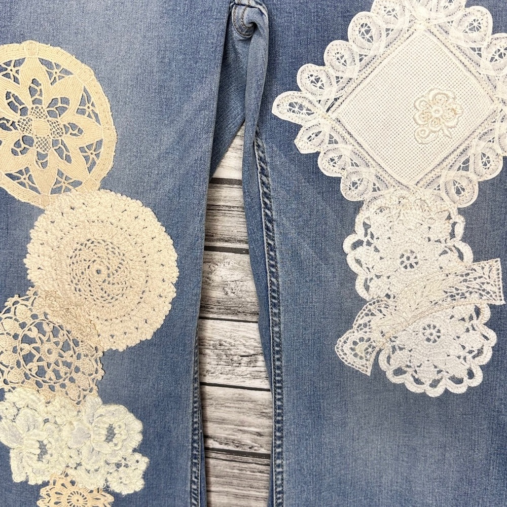 UpCycled Handmade Reworked Vintage Crochet Denim Jeans, Stretch denim, raw edges - Picture 4 of 4